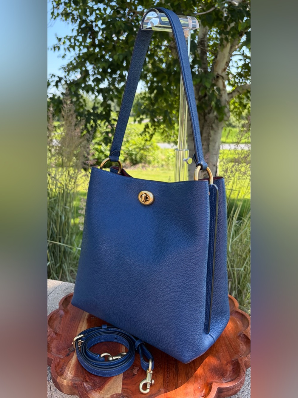 Coach Charlie Bucket Bag Tote Blue Pebble Leather Like New - Picture 4 of 17